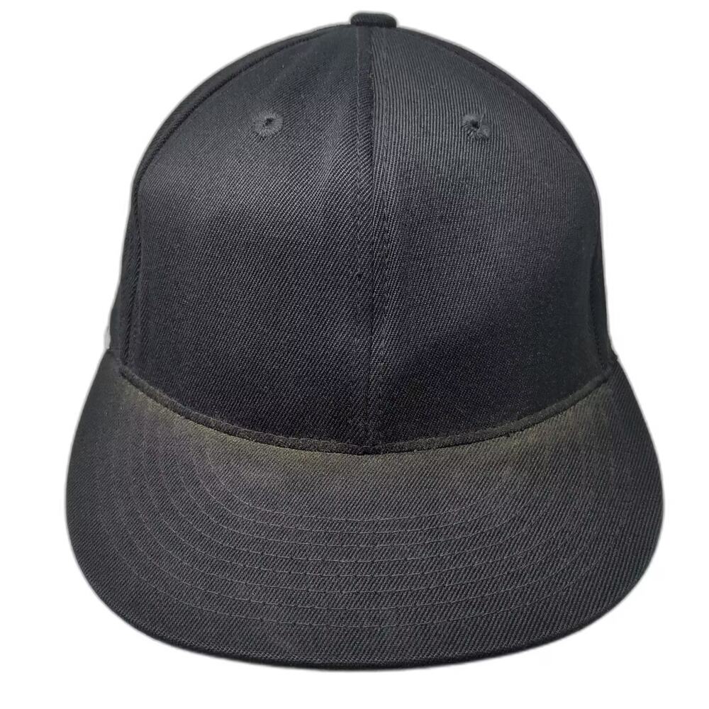 210 Fitted Baseball Cap Black 7 5/8 Hat Plain Solid Structured Flat Brim Acrylic